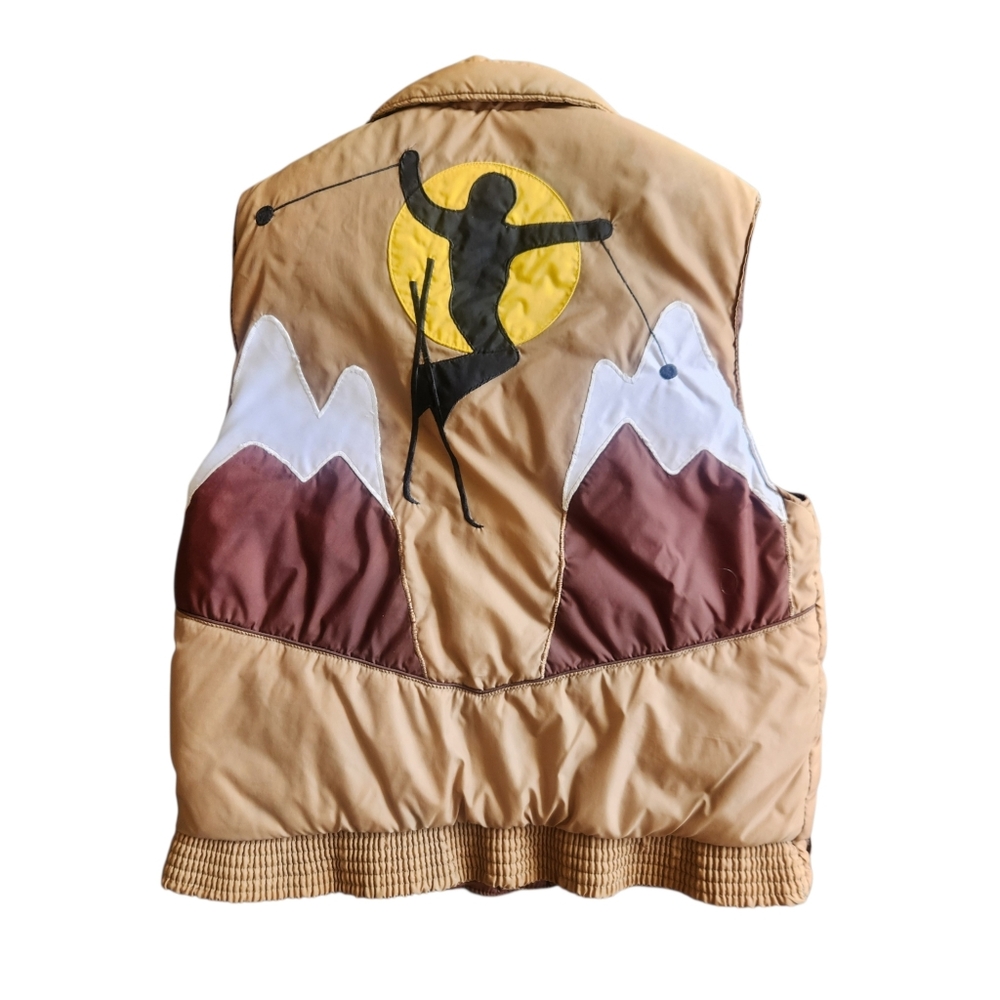 Vtg 70s St Moritz Down Puffer Vest Brown Skier Mountain Graffics Size Mens Small
